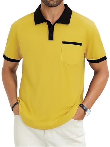 Image of Men's Casual Polo Shirts Summer Short Sleeve Contrast Collar Buttoned Tee Polo Shirt with Pocket