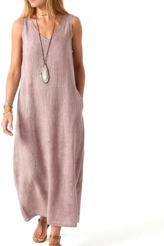 Linen Style Dresses for Women Summer, V Neck Sleeveless Linen Look Summer Dresses, Flowy Midi Summer Dresses (US, Alpha, 3X-Large, Regular, Regular, Mauve)