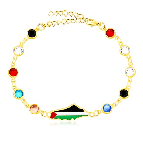 JunyiDIY Gold-Plated Flag of Palestine Bracelet | Colorful Handmade Crystal Bracelet Fashionable Adjustable Link Multi-Color Flag Jewelry for Women YA5214