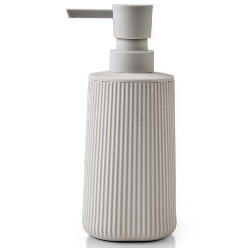 Image of Small Soap Dispenser for Bathroom and Kitchen, Modern Farmhouse Striped Style Plastic Hand Soap Dish Soap Dispenser with Pump Matte Beige
