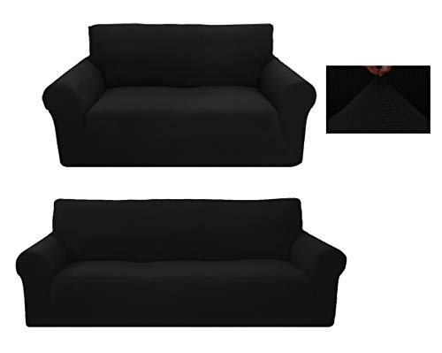 Sapphire Home 2-Piece Slipcover Set - Polyester Spandex Couch Covers, Furniture Covers For Sofa And Loveseat, Premium Brushed Sofa Covers For 2 Cushion Couch W/Non-Slip Elastic Cord, Black #TOP5