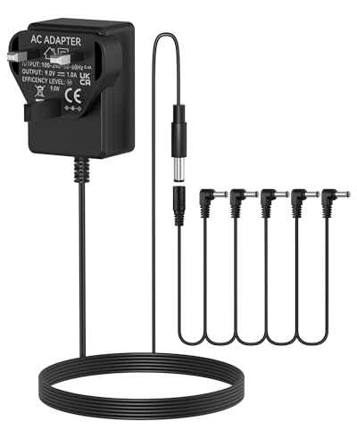 9V Guitar Pedal Power Supply DC 5 Way Daisy Chain Pedal Cables, Compatible With Boss, Zoom, MXR, Behringer, Joyo, AC Wall Charger Adapter For Guitar Pedal Bass Effect Pedal Board (Tip Negative)