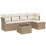 PUGYNBK 6-TLG. Poly Rattan Sofagarnitur beige mit Glastisch, Gartenmöbel Set mit abnehmbaren und waschbaren Kissen, modulares Design für Terrasse und Garten