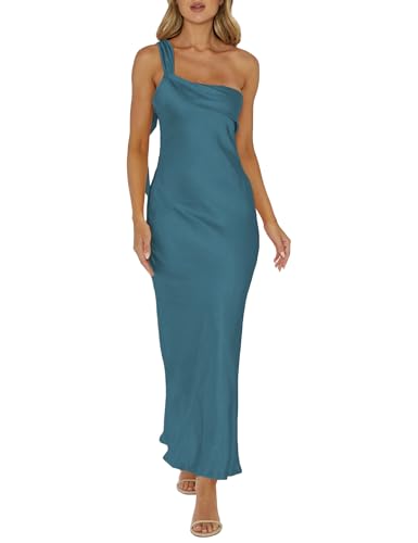 Image of 2026 Satin One Shoulder Maxi Dress for Women Summer Silk Formal Elegant Backless Ruffle Sleeveless Wedding Guest Dresses