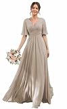 YOFF Long Taupe Bridesmaid Dress for Wedding with Pockets Flutter Sleeves Chiffon A-Line Formal Dresses with Slit Plus Size US16W