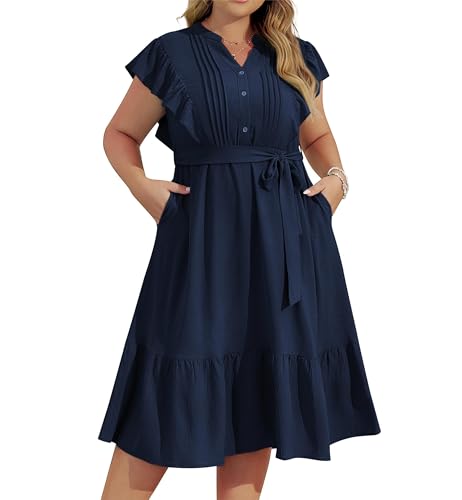 Damen-Midikleid mit V-Ausschnitt und Knopfleiste Übergröße Rüschenärmel lässiges Kleid für Damen einfarbig süßes A-Linien-Kleid mit Belt...