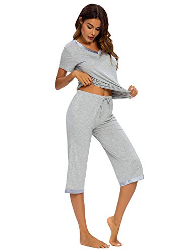 Tiktik Womens Bamboo V-Neck Pajama Set Comfy Sleepwear Top With Capri Pants Pjs Petite Plus Size S-4Xl, Heather Grey, 4X-Large #TOP1