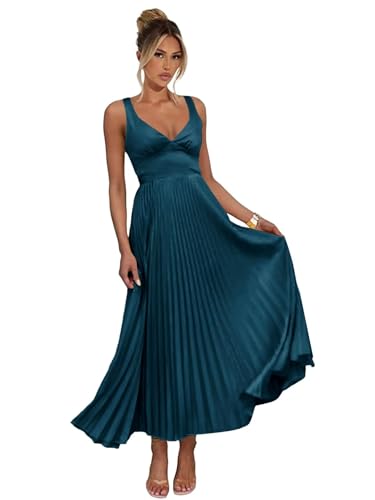 Satin Bridesmaid Dresses for Women V-Neck A-Line Pleated Spaghetti Straps Tea Length Wedding Guest Dress