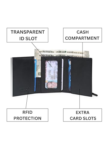 Image of BLACKTHORNE Wallet for Men | RFID Blocking Genuine Trifold Leather Pop-Up Card Holder Wallet | Slim Minimal Design with Aluminium Case Holds 6-8 Cards, Coin Pocket & Magnetic Closure (Black)