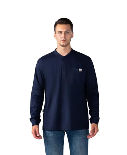 FR Henley Shirts for Men Flame Resistant Lightweight Welding 6.5oz 100% Cotton CAT2 Long Sleeve Fire Retardant FRC Clothing (US Alpha Large Regular Regular Navy)