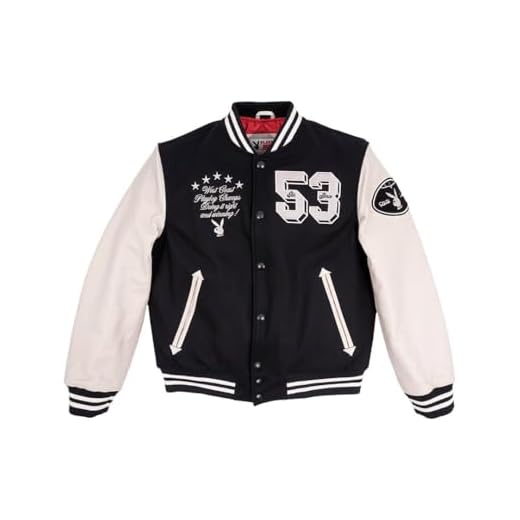 Playboy 53 Premium Varsity Jacket, Black/Ecru, Unisex, Faux Leather Sleeves, Embroidered Bunny, Quilted Red Lining