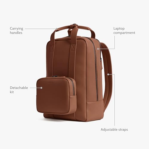 Image of Monos Metro Backpack Vegan Leather - Water-Resistant Microfiber Travel Backpack with Laptop Compartment | Modular QuickSnap Front Kit, Hidden Anti-Theft Pocket | 18L Carry-On Bag | Mahogany