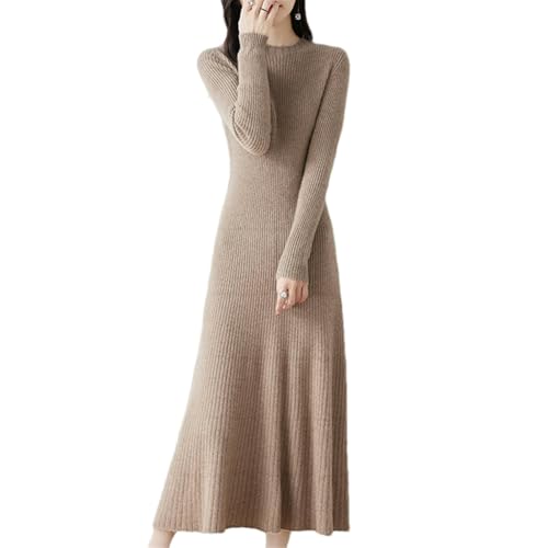Damen Maxi-Strickkleid aus Wolle Langarm Rundhals Pullover A-Linie einfarbig elegant Herbst Winter Freizeitkleid T-603 XL