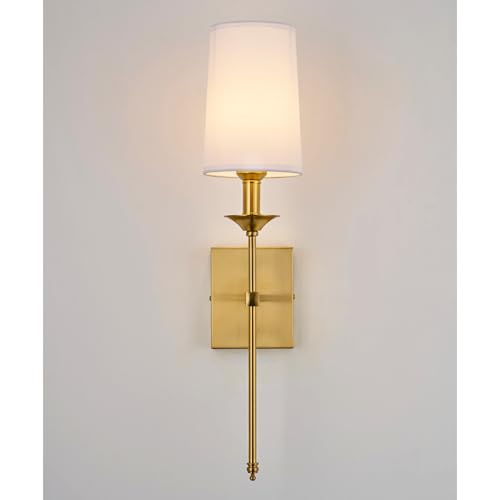 Image of Gold Wall Sconce Set of 2,Hardwired Bathroom Vanity Light Fixture with White Fabric Shade,Gold Sconce for Living Room Dining Room Fireplace Mantel