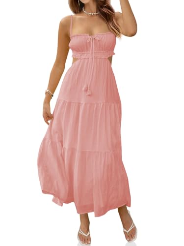 Fisoew Women's Spaghetti Strap Maxi Dress Summer Sleeveless Side Cut Out Dress Casual Boho Backless Flowy Long Dresses Light Pink