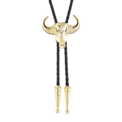 Image of GelConnie Longhorn Bull Bolo Tie for Men Native American Western Cowboy Leather Necktie Bolo Necklace for Women Gold Texas
