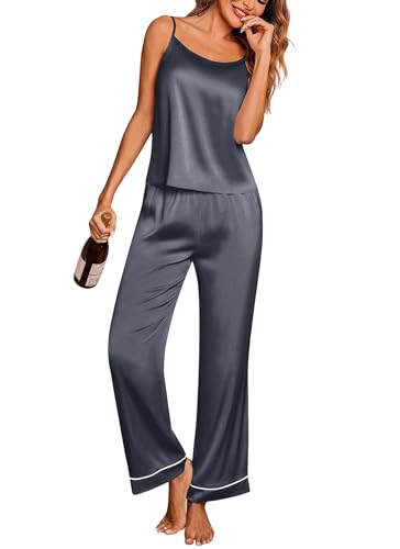 Image of Ekouaer Women Silk Satin Pajamas Sleeveless Pjs Set 2 Piece Summer Loungewear Sleepwear with Pockets S-XXL