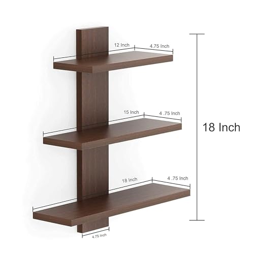 Image of 3 Tiers Floating Wall Shelf Rack for Home D�cor Display Units | Floating Book Rack for Study Room | Wall Mount Shelves for Home Bedroom Office Wall Decoration (Brown)