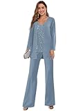 BANTRATIC Dusty Blue Mother of The Bride Pant Suits Casual 3 Pcs Sequin Chiffon Petite Wedding Guest Special Occasion Pantsuit Size 12