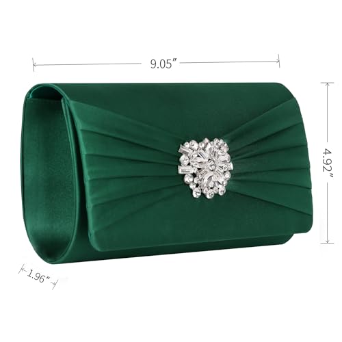 Image of Evening Bags For Women Pleated Satin Rhinestone Brooch Prom Clutch Purse With Detachable Chain Strap