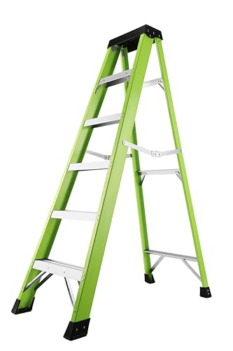 Image of Fiberglass Ladder, Single-Sided Stepladder for Electrical Engineering Ladder Construction with a Load Capacity of 330 pounds (5 Steps-Green)