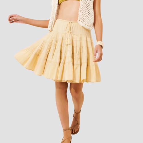 Women Flowy Swing Tiered Midi Skirt Low Rise Drawstring Tie Front Solid Flared A-Line Boho Vacation Short Skirt4