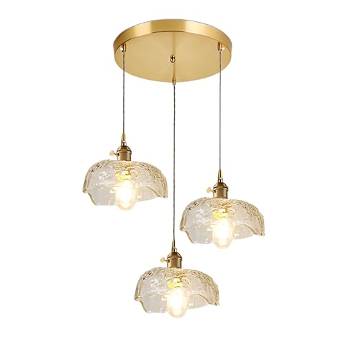 Suspension à 3 lumières dorée en forme de fleur et verre pour salon