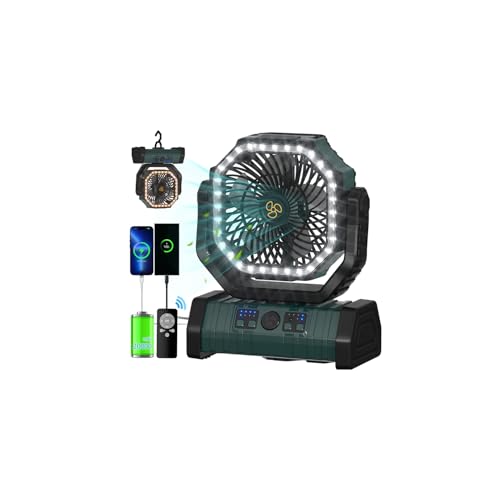 ADUST Camping Battery Operated Powered Fan with LED Lantern Light 20000mAh Rechargeable Portable, Oscillating Fan with 360° Rotation Hanging Hook for Tents, Cordless USB Desk Fan(Blackish Green)