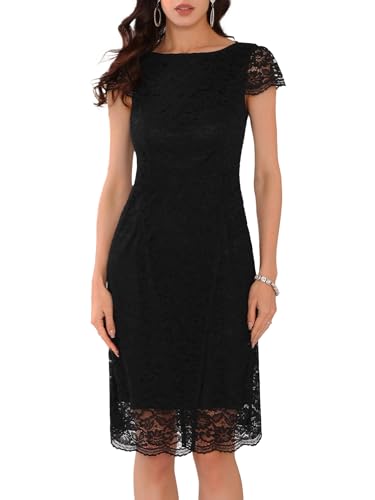 WOMLAYOUT Damen Blumen Spitze Kleid Flügelärmel U-Boot Ausschnitt Hochzeit Cocktail Midi Kleider Schwarz S