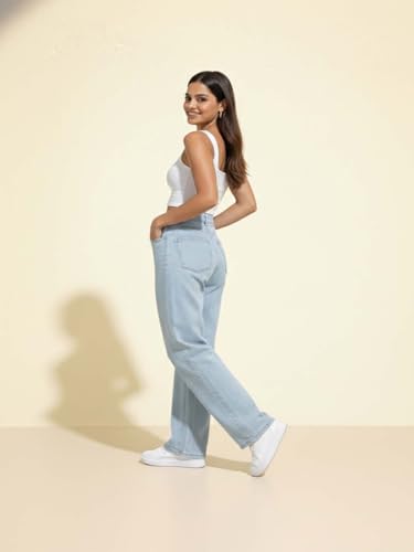 Image of KOTTY Women's High Waist Straight Fit Cotton Blend Denim Jeans|Comfortable Regular Length Casual Jeans for Women