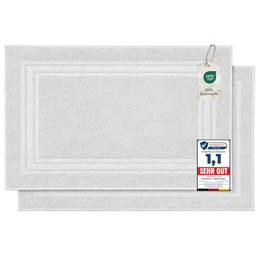 Komfortec - Set di 2 Tappetini da Bagno, Tappetini in Spugna per Doccia, Lavabili, Assorbenti e a Rapida Asciugatura – 600 g/m², 100% Cotone, 50x70 cm, Bianco
