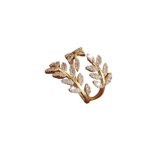 Kokoma Elegant Leaf Wrap Ring for Women Shiny Cubic Zirconia Ring Adjustable Open Finger Band Gold Plated Olive Leaf Rings Wedding Anniversary Chic Jewelry