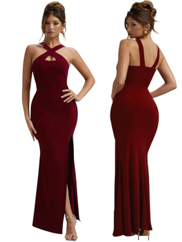 Image of Women Asymmetric Neck Burgundy Bodycon Dress (in, Alpha, L, Regular, Wine)