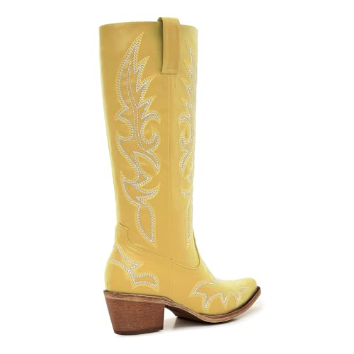 Image of Uillnoodu Women's Turquoise Cowgirl Boots - Wide Calf Mid Calf Western Boots Plus Size Embroidered Cowboy Style with Block Heel