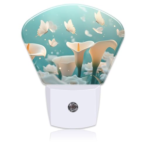 Image of White Calla Lily Night Light Plug into Wall, White Butterfly Night Light with Dusk to Dawn Sensor for Kid Girls Boys Women Men Room, Hallway, Kitchen, Bathroom, Stairs Decor