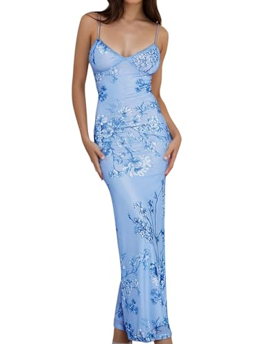 Image of Womens Sexy V Neck Satin Maxi Dresses Spaghetti Strap Floral Print Dresses Slim Fit Elegant Long Dresses Night Party Outfits