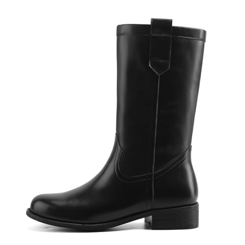 QIV Black Mid Calf Boots for Women Pull On Chunky Heel Round Toe Campus Casual Comfortable Fall Riding Boot Low Heel Dress Boots Size 8