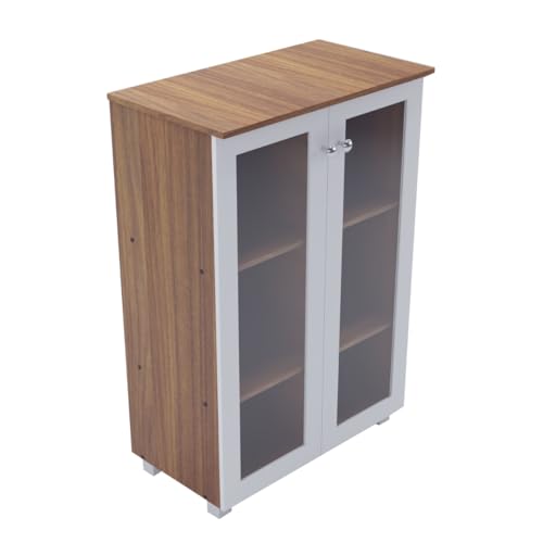 Image of Hobbit Engineered Wood Bookshelf | Book Storage & Display Cabinet for Living Room, Study Room & Home Office | 2 Door Glass Cabinet Storage | Leon Teak & White Finish