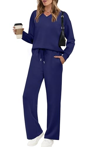 Travel Outfits for Women 2 Piece Sets Airport Outfits for Women 2025 Sweatsuits Airplane Matching Lounge Set Womens Fall Fashion 2025 Two Piece Vacation Clothes Comfy Winter Clothing Navy L