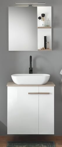 Furn.Design Badmöbel Set in weiß Hochglanz Lack und Eiche Badkombination Waschbeckenunterschrank MIT Waschbecken und Spiegel stehend/hängend 60 x 200 cm Dense (Weiß, Set 2)