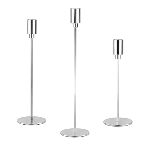 AUMAYCO Kerzenständer Silber 3 Set Vintage Metall Silber Kerzenhalter Elegante Dekorativer Hoch Stabkerzenhalter für Tischdekoration Hochzeit Esstisch Wohnkultur