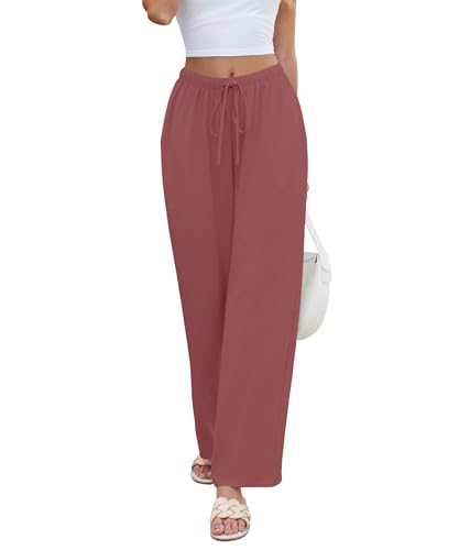 KUOTAI Women Casual Elastic High Waist Wide Leg Pants Flowy Beach Palazzo Trousers with Pockets2