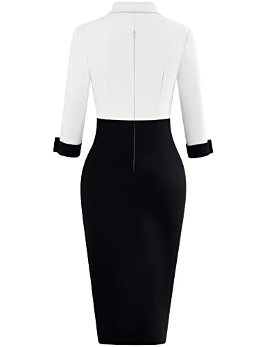 MUXXN Women's Vintage 3/4 Sleeve V Neck Midi Colorblock Business Formal Work Bodycon Pencil Dresses2