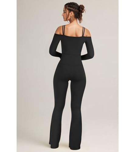 Image of Jigfar Womens Sexy Elegant Spaghetti Straps Off Shoulder Bodycon 1 Piece Casual Flare Leg Jumpsuit(6013,Black,M)