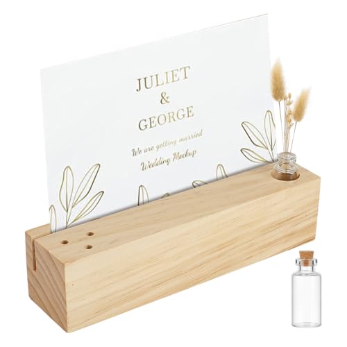 BENECREAT Tarjetero de madera con flores secas, soporte para tarjetas de lugar con 1 tarro de vidrio para ceremonia, fiesta de cumpleaños, decoración del hogar, 200 x 49,5 x 49,5 mm