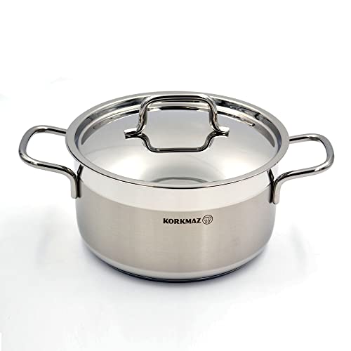 Korkmaz Alfa Casserole with Lid 30X15 cm / 11.0 L | Tri-Ply Bottom Stainless Steel Sandwich Bottom Induction Compatible Cooking Pot | Silver - KA1031