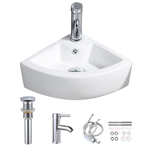 Small Bathroom Sink Wall Mounted Basin Triangle Corner Mini Sink with Chrome Faucet & Waste Drain Kit-12.8 x 12.8 x 5.1inch/325 x 325 x 130mm