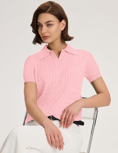 Image of Micoson Womens Short Sleeve Sweater Tops Lapel V Neck Polo Shirts 2026 Summer Cable Knit Loose Blouse Business Casual Outfits