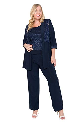R&M Richards Mother of The Bride Plus Size Pant Suit| 3/4 Length Sleeves, and A Beautiful Blouse with A Lace Neckline