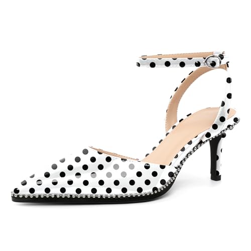 Image of SAMMITOP Kitten Heels for Women Low Heel Closed Toe Ankle Strap Pumps Wedding Party Beaded Dress Shoes 2.4 Inch